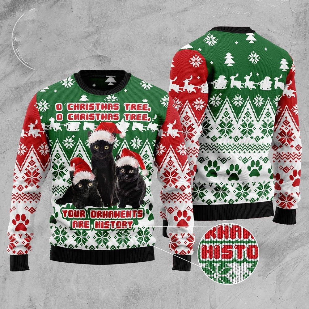 Cat Xmas Sweater, Black Cat Oh Christmas Tree Ugly Christmas Sweater, Sweater Xmas