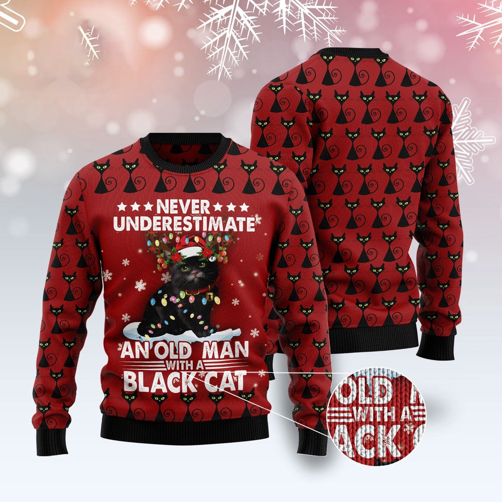 Cat Xmas Sweater, Black Cat Old Man Ugly Christmas Sweater, Sweater Xmas