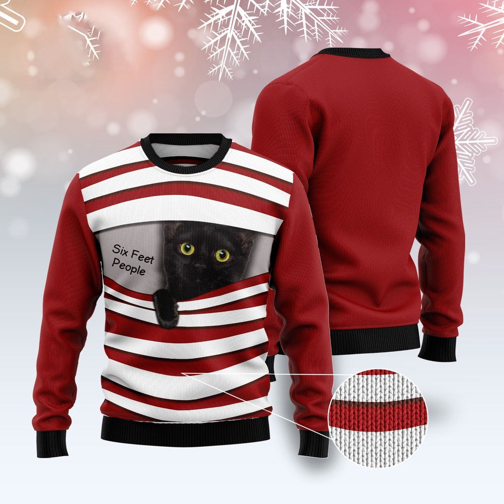 Cat Xmas Sweater, Black Cat Six Feet Ugly Christmas Sweater, Sweater Xmas