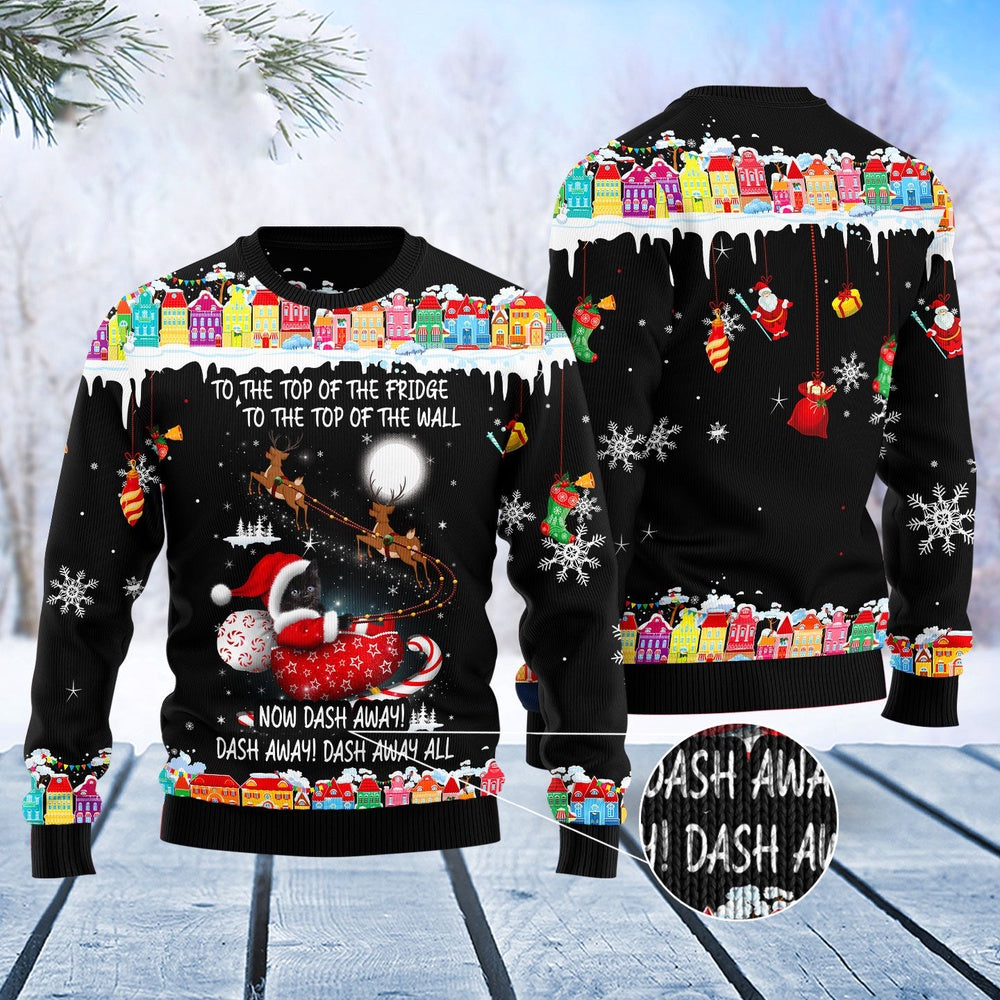 Cat Xmas Sweater, Black Cat Sleigh Christmas Ugly Christmas Sweater, Sweater Xmas