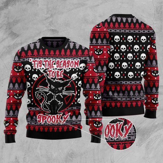 Cat Xmas Sweater, Black Cat Spooky Halloween Ugly Christmas Sweater, Sweater Xmas