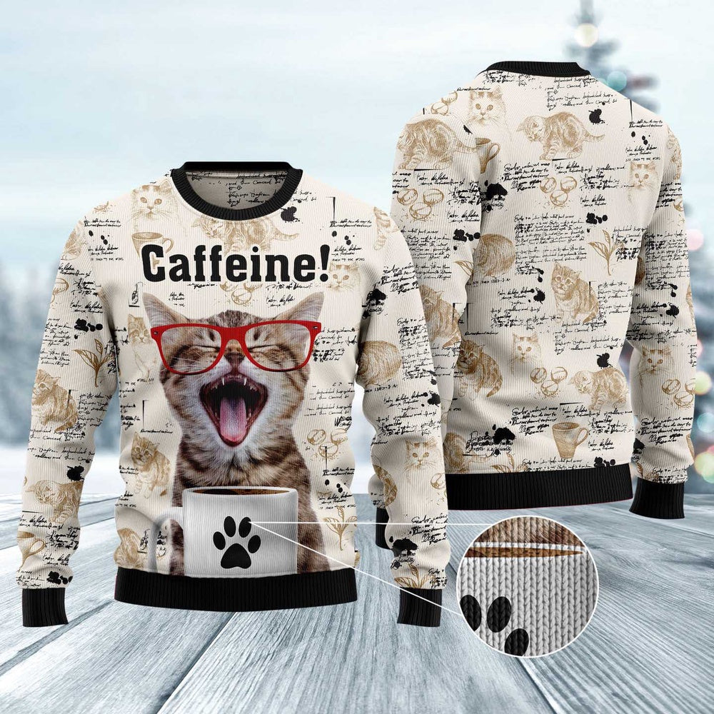 Cat Xmas Sweater, Cat Caffeine Ugly Christmas Sweater, Sweater Xmas