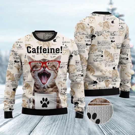 Cat Xmas Sweater, Cat Caffeine Ugly Christmas Sweater, Sweater Xmas