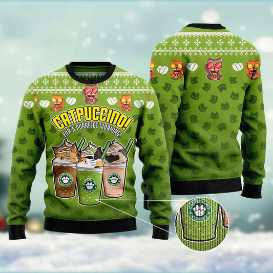 Cat Xmas Sweater, Cat Coffee Ugly Christmas Sweater, Sweater Xmas