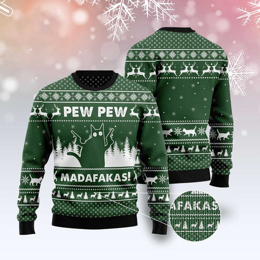 Cat Xmas Sweater, Cat Pew Pew Madafakas Ugly Christmas Sweater, Sweater Xmas