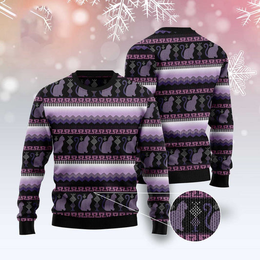 Cat Xmas Sweater, Cat Purple Pattern Ugly Christmas Sweater, Sweater Xmas