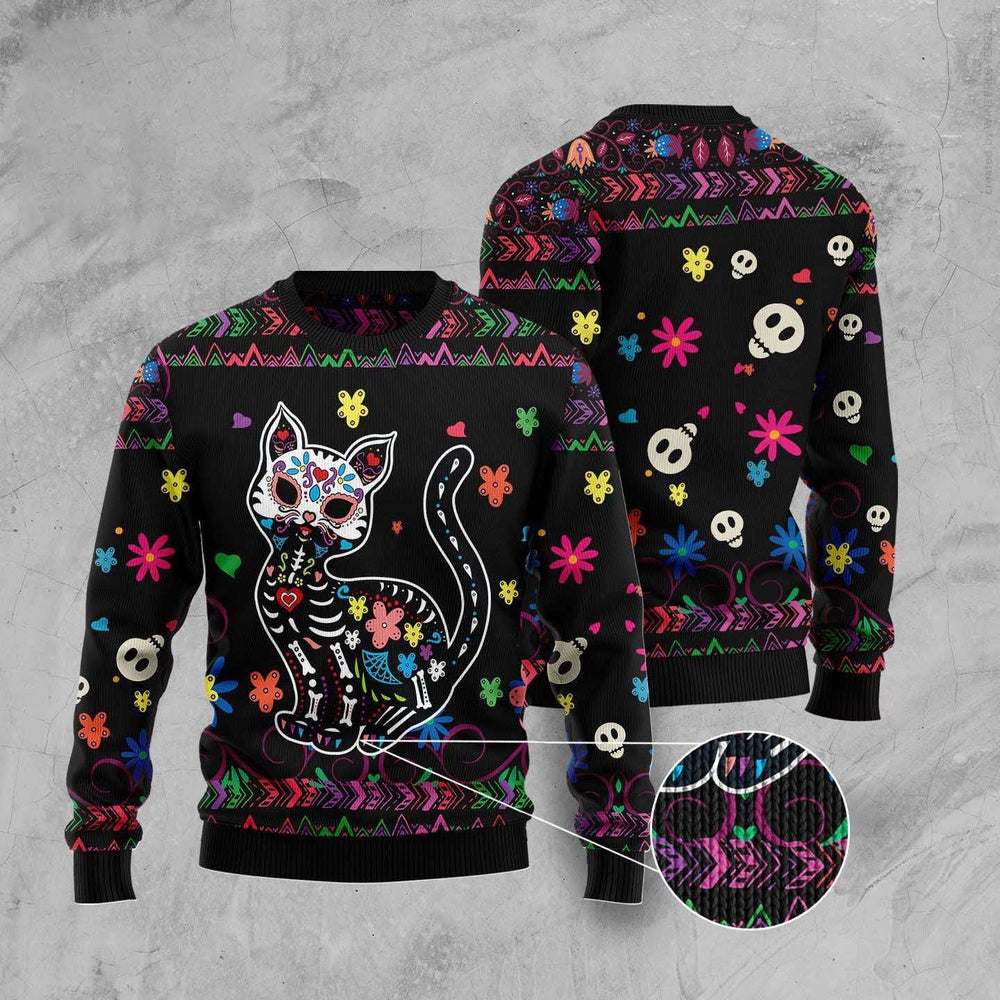 Cat Xmas Sweater, Cat Sugar Skull Ugly Christmas Sweater, Sweater Xmas