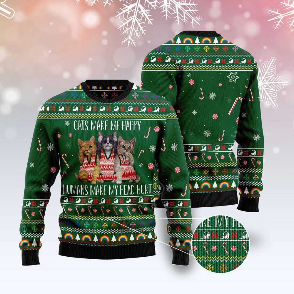 Cat Xmas Sweater, Cats Make Me Happy Ugly Christmas Sweater, Sweater Xmas