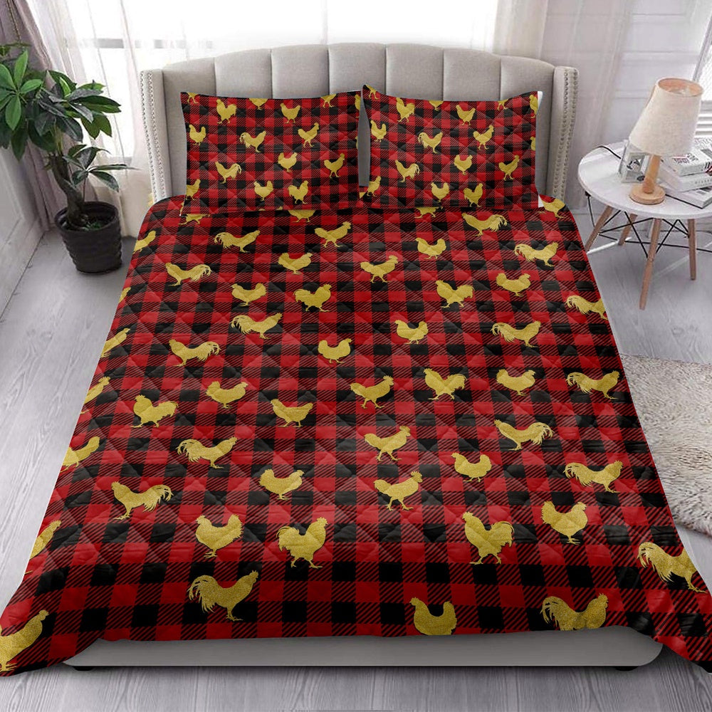 Chicken Quilt Set, Chicken Gold Glittermas Red Buffalo Plaid Quilt Blanket