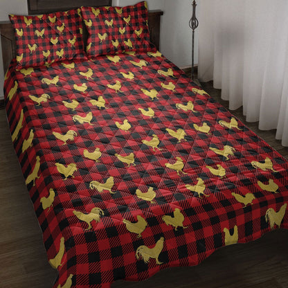 Chicken Quilt Set, Chicken Gold Glittermas Red Buffalo Plaid Quilt Blanket