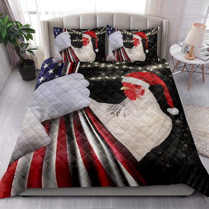 Chicken Quilt Set, Chicken Rooster Santa Hat Snowflakemas String Light Us Flag Quilt Blanket