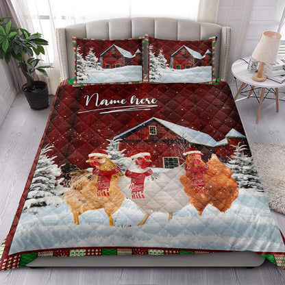 Chicken Quilt Set, Chicken Rooster With String Lightsmas Tree Snowdrift Quilt Blanket