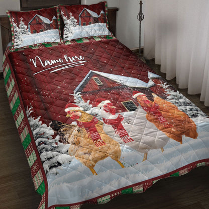 Chicken Quilt Set, Chicken Rooster With String Lightsmas Tree Snowdrift Quilt Blanket