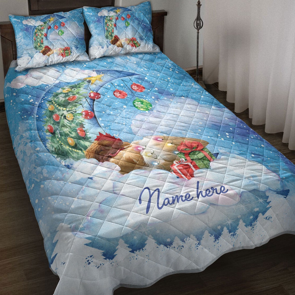 Chicken Quilt Set, Chicken Sleeping On The Moon Snowflakemas Tree Dog Quilt Blanket