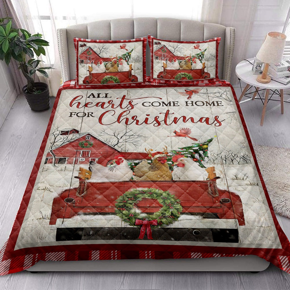 Chicken Quilt Set, Chicken With Truckmas Tree Snowflake Cozy Farmho Use Red Plaid Quilt Blanket