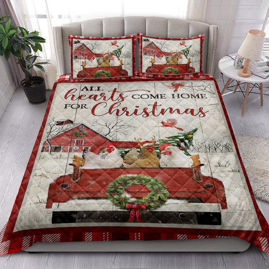Chicken Quilt Set, Chicken With Truckmas Tree Snowflake Cozy Farmho Use Red Plaid Quilt Blanket