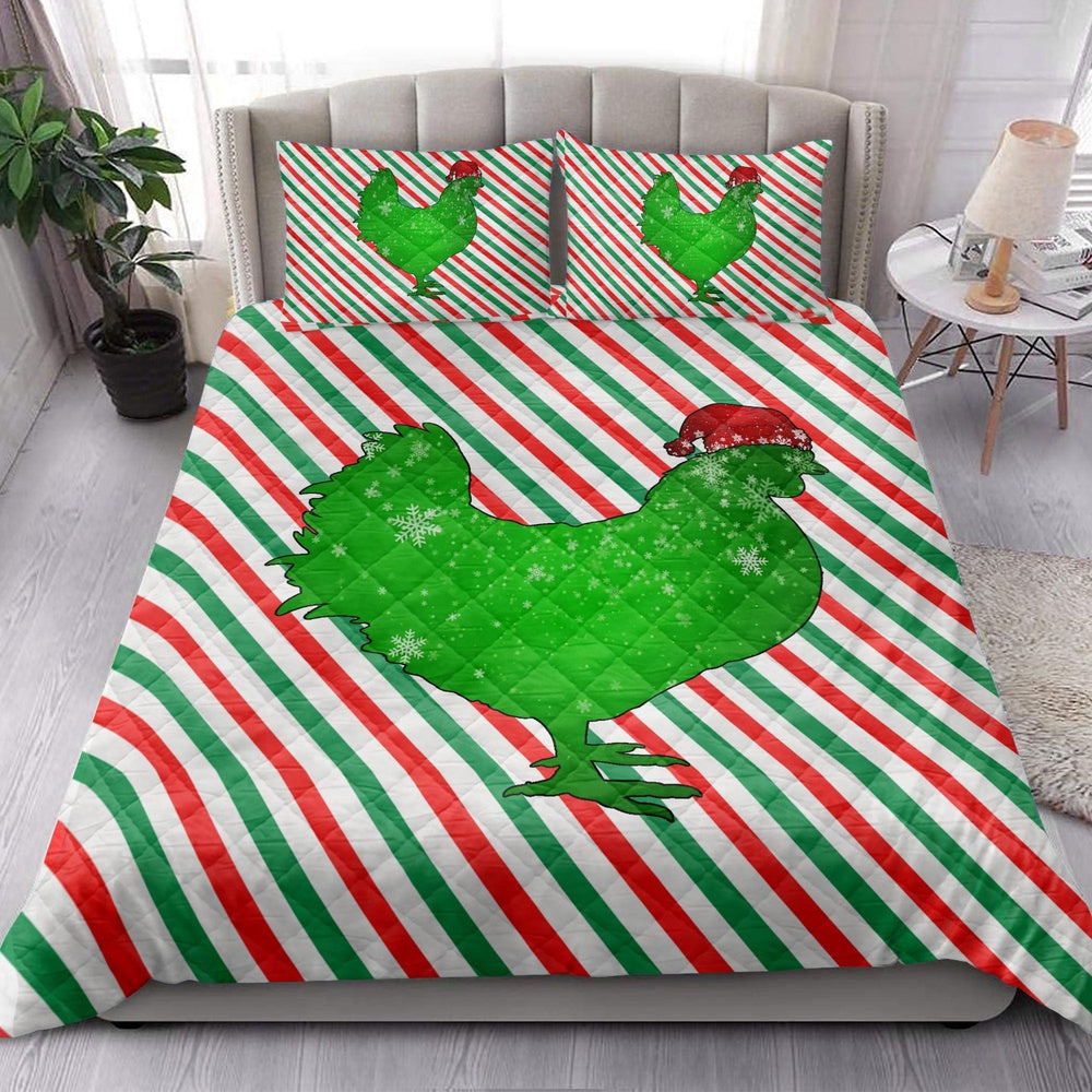 Chicken Quilt Set, Chickenmas Hat Cane Candy Stripes Shiny Green Winter Holiday Quilt Blanket