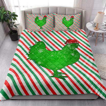 Chicken Quilt Set, Chickenmas Hat Cane Candy Stripes Shiny Green Winter Holiday Quilt Blanket