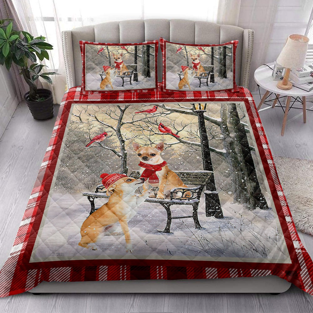 Chihuahua Quilt Set, Chihuahua Hellomas Snowflake Winter Park Cardinal Holiday Quilt Blanket