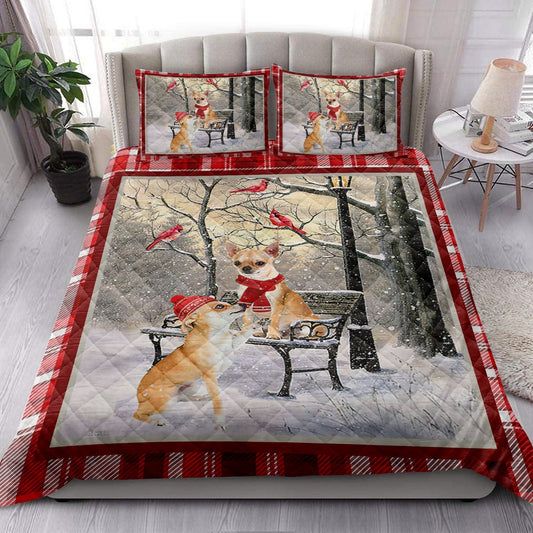 Chihuahua Quilt Set, Chihuahua Hellomas Snowflake Winter Park Cardinal Holiday Quilt Blanket