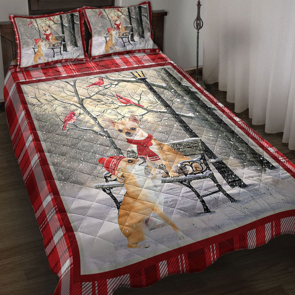 Chihuahua Quilt Set, Chihuahua Hellomas Snowflake Winter Park Cardinal Holiday Quilt Blanket
