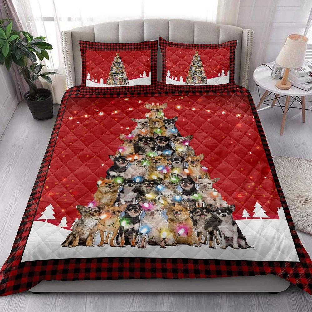 Chihuahua Quilt Set, Chihuahuamas Noel Xmas Tree Dog Quilt Blanket