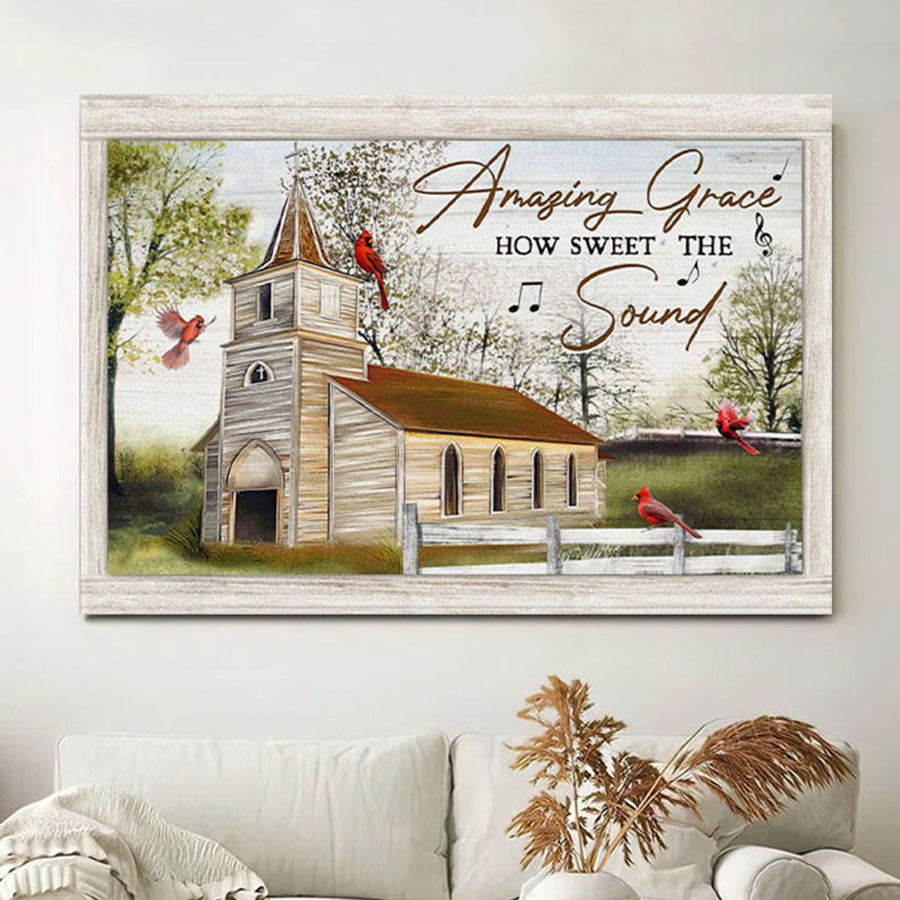 Christian Wall Art Amazing Grace How Sweet The Sound - Cardinal Bird Church - Canvas Print - Christian Wall Decor