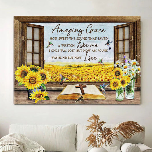 Christian Wall Art Amazing Grace How Sweet The Sound - Hummingbird Sunflower Canvas Print - Christian Wall Decor