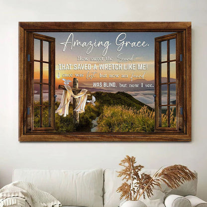 Christian Wall Art Amazing Grace How Sweet The Sound Cross Mountain Canvas Print - Christian Wall Decor