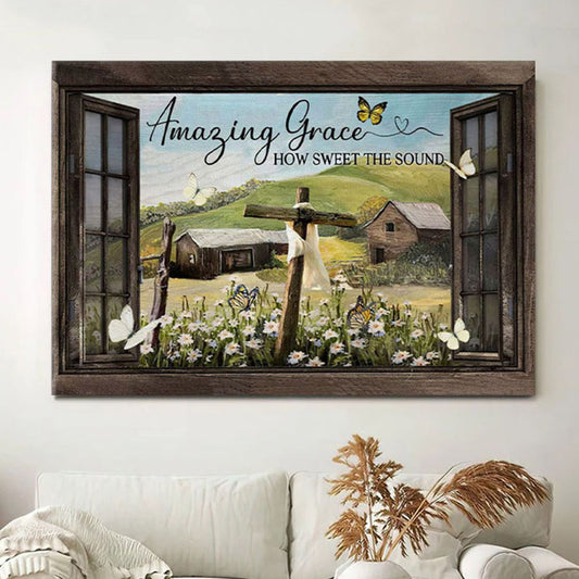 Christian Wall Art Amazing Grace How Sweet The Sound Rustic Farmhouse Canvas Print - Christian Wall Decor