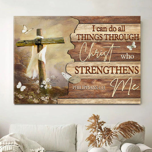Christian Wall Art I Can Do All Things Through Christ Butterfly Cross Canvas Print - Christian Wall Decor