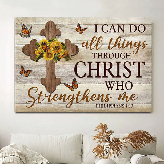 Christian Wall Art I Can Do All Things Through Christ Philippians 413 Sunflower Cross Canvas - Christian Wall Decor