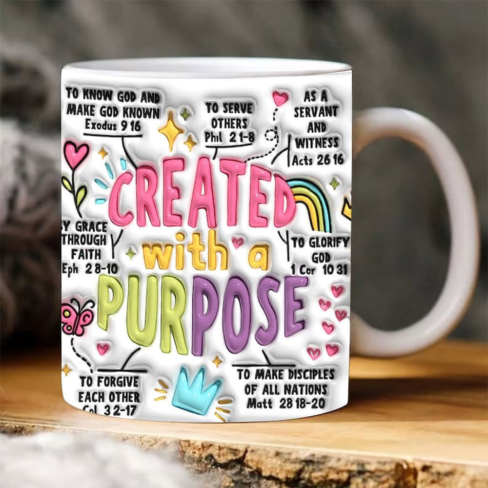 Christian 3D Mug, 3D Created With A Purpose Inflated Mug, Bible Verse Inflated Mug, 3D Jesus Mug, Religious 3D Mug
