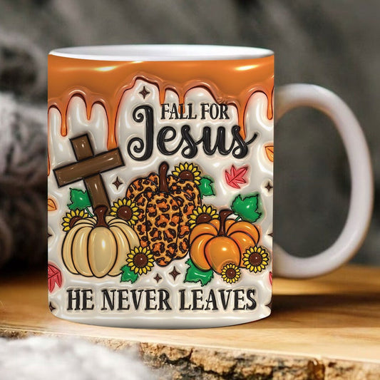 Christian 3D Mug, Fall For Jesus He Never Leaves Inflated Mug, Bible Verse Inflated Mug, 3D Jesus Mug, Religious 3D Mug
