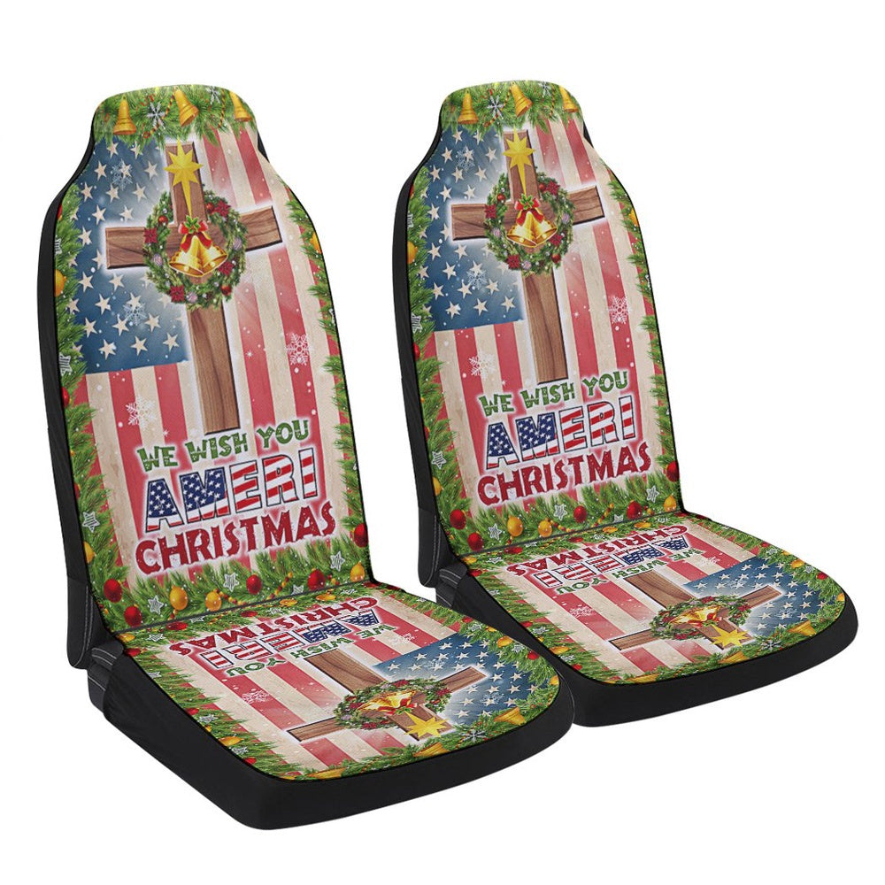 Christian Cross American flag We Wish You Ameri Christmas Cars Seat Cover, Christmas Car Seat Covers, Car Decor Gift