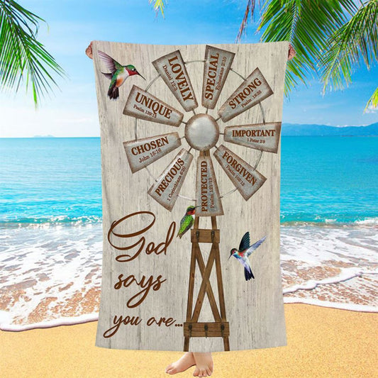 Christian Farmhouse Windmill God Says You Are Beach Towel - Bible Verse Beach Towel - Scripture Beach Towel