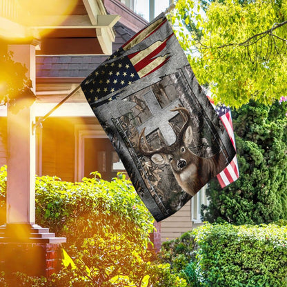 Christian Garden Flags, Deer Hunting Jesus Cross American US Flag, Christian House Flags, Christian Cross Flag, Faith Flag