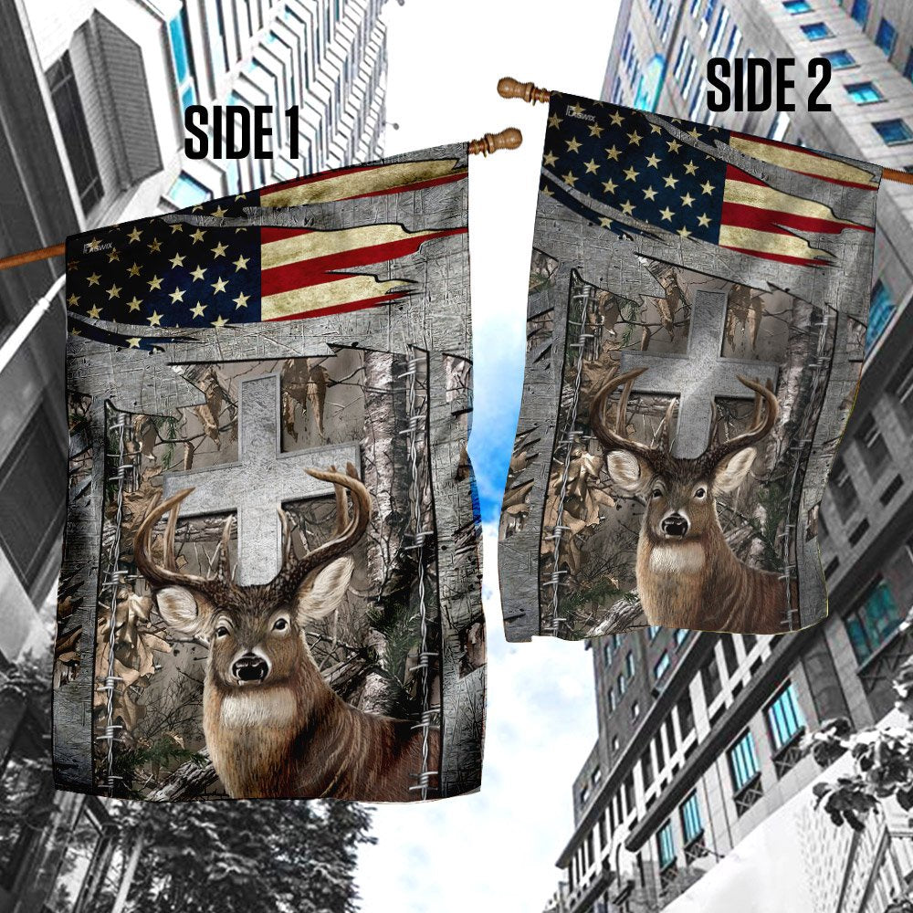 Christian Garden Flags, Deer Hunting Jesus Cross American US Flag, Christian House Flags, Christian Cross Flag, Faith Flag
