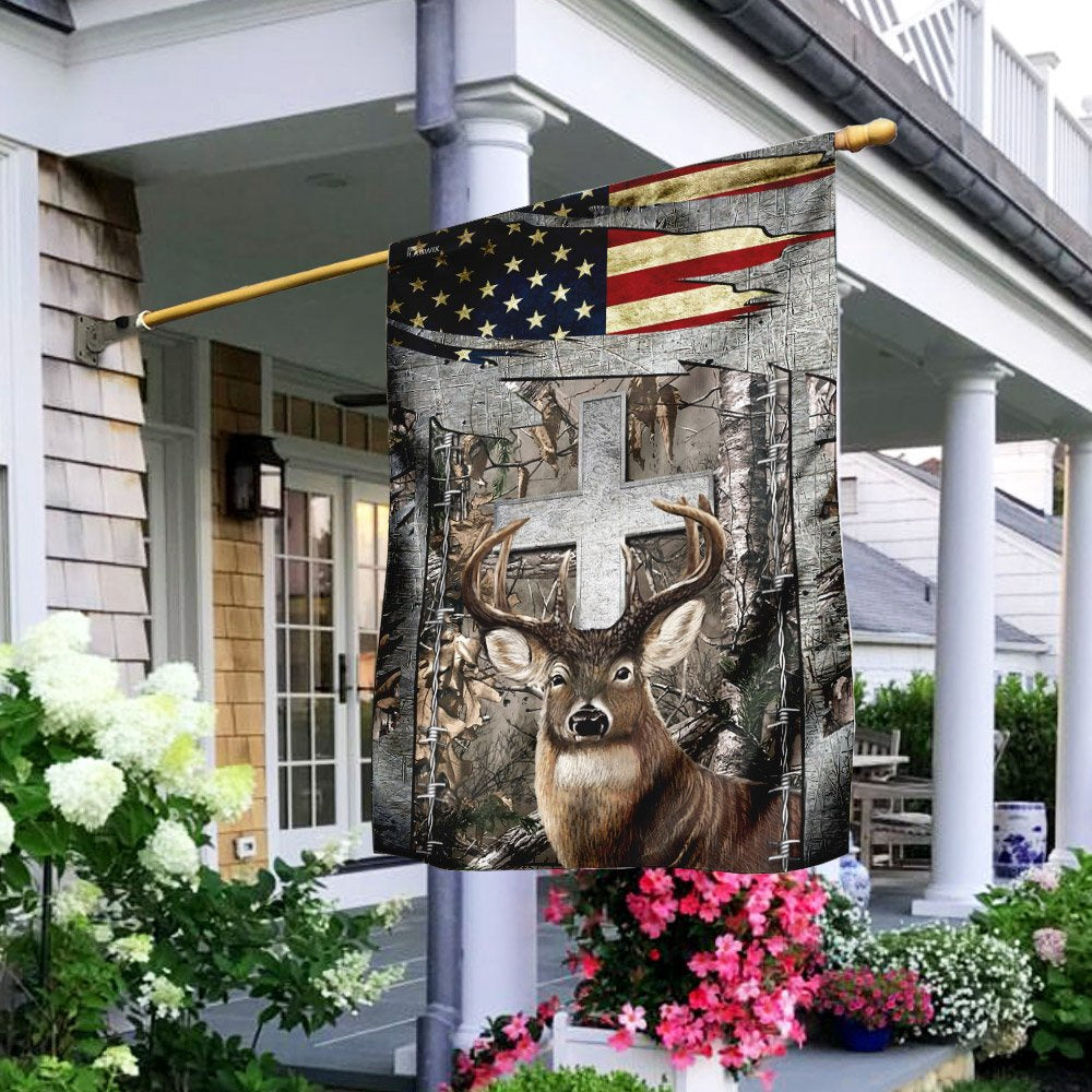 Christian Garden Flags, Deer Hunting Jesus Cross American US Flag, Christian House Flags, Christian Cross Flag, Faith Flag