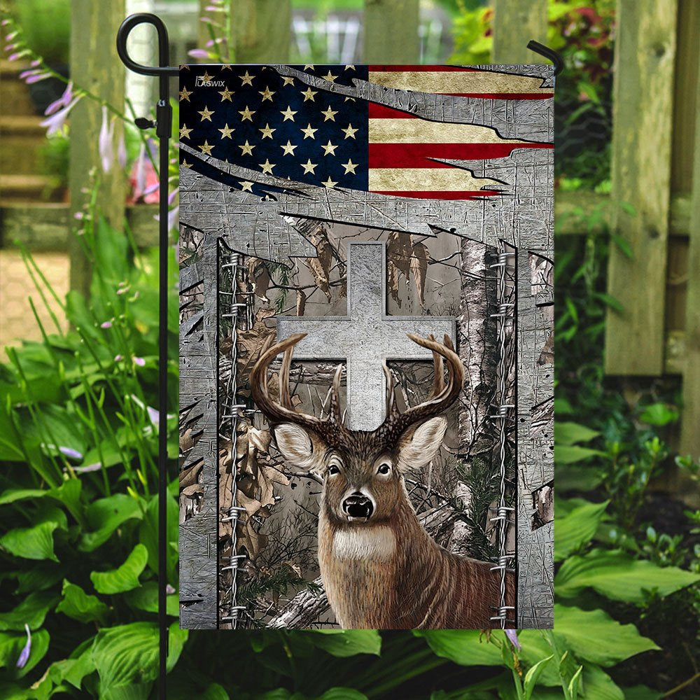 Christian Garden Flags, Deer Hunting Jesus Cross American US Flag, Christian House Flags, Christian Cross Flag, Faith Flag