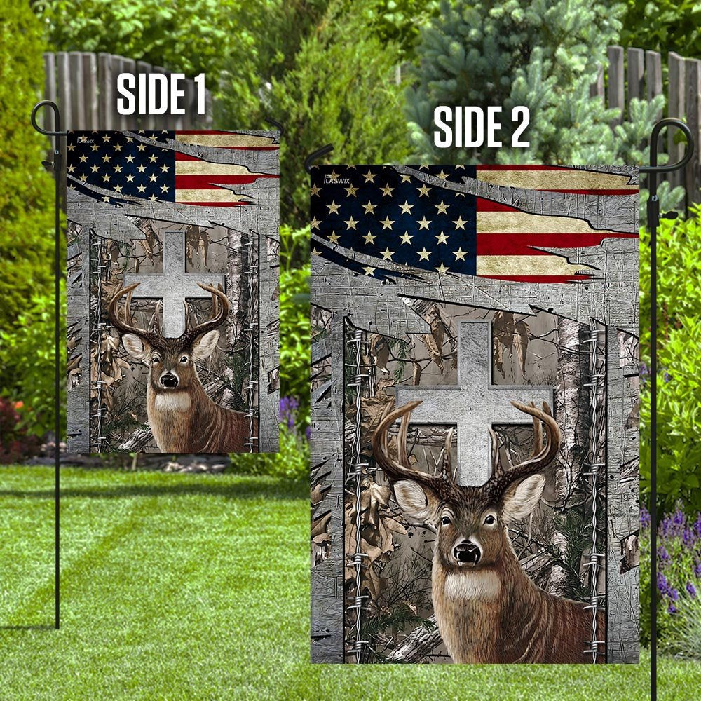 Christian Garden Flags, Deer Hunting Jesus Cross American US Flag, Christian House Flags, Christian Cross Flag, Faith Flag