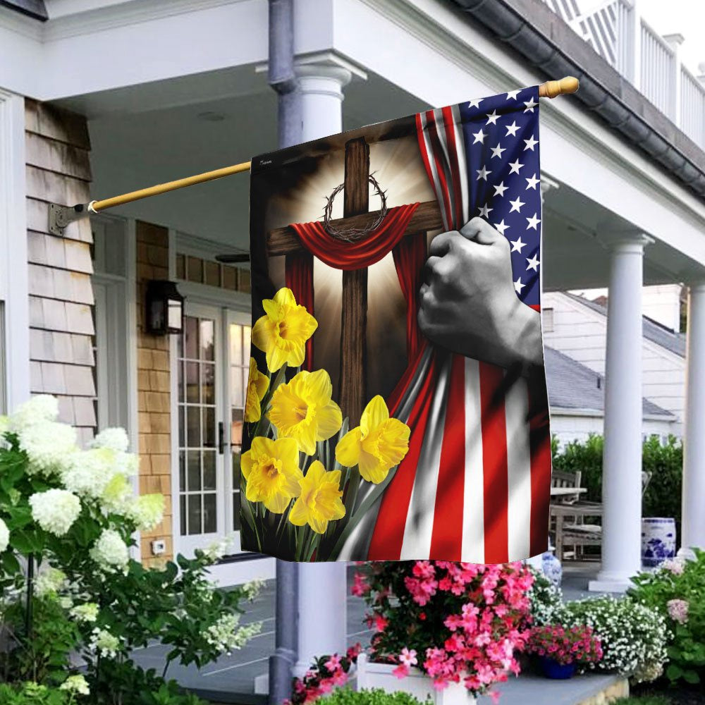 Christian Garden Flags, Easter Daffodils Christian Cross American US Flag, Christian House Flags, Christian Cross Flag, Faith Flag