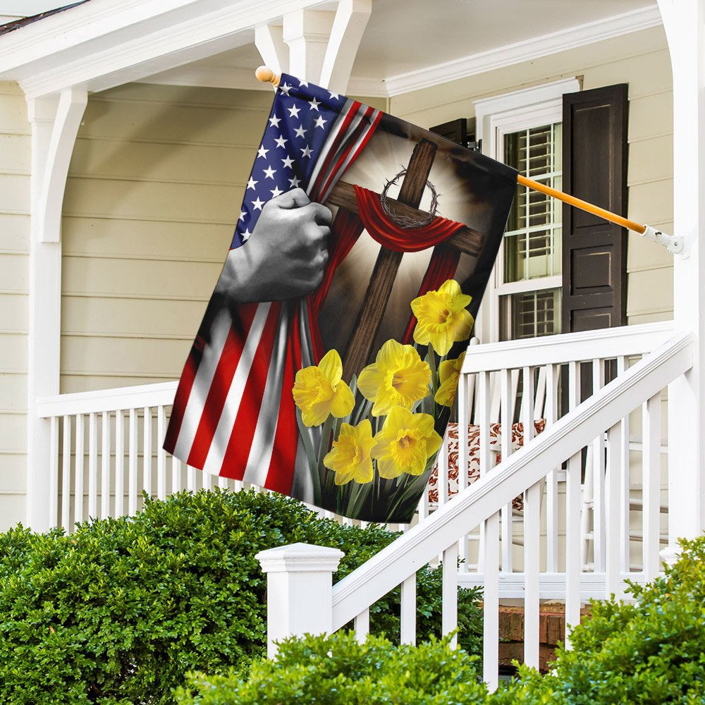 Christian Garden Flags, Easter Daffodils Christian Cross American US Flag, Christian House Flags, Christian Cross Flag, Faith Flag