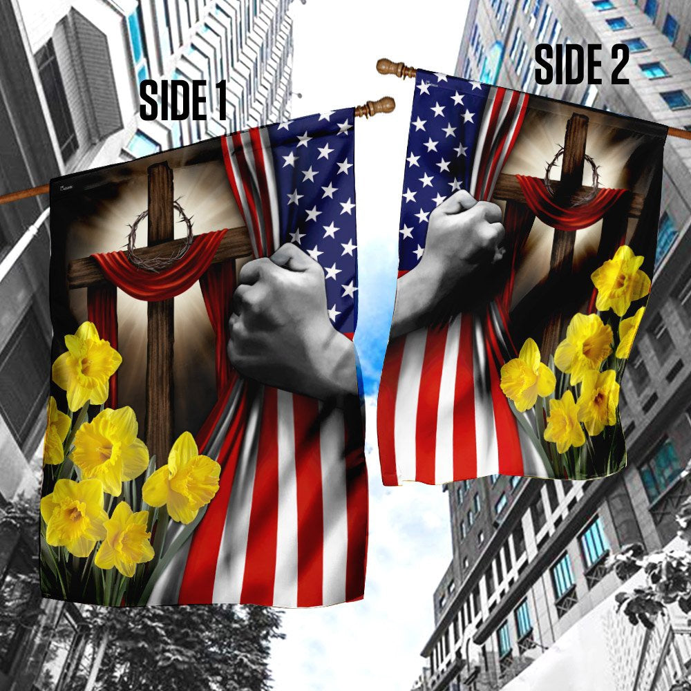 Christian Garden Flags, Easter Daffodils Christian Cross American US Flag, Christian House Flags, Christian Cross Flag, Faith Flag