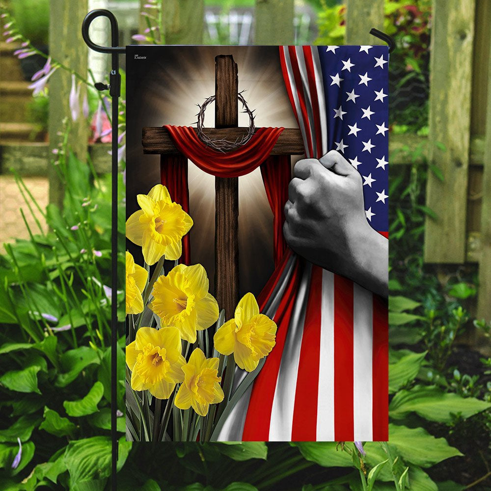 Christian Garden Flags, Easter Daffodils Christian Cross American US Flag, Christian House Flags, Christian Cross Flag, Faith Flag