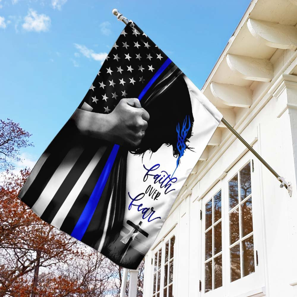Christian Garden Flags, Faith Over Fear - Thin Blue Line Flag, Christian House Flags, Christian Cross Flag, Faith Flag