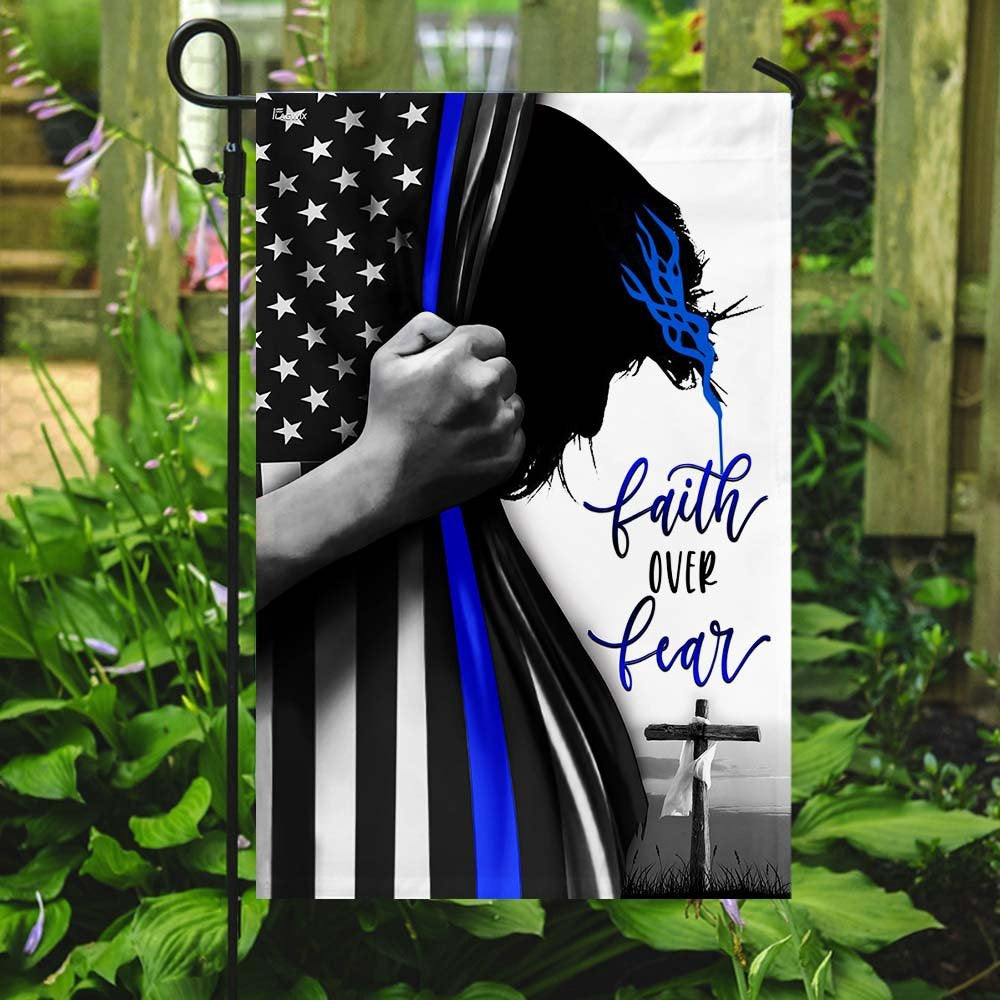 Christian Garden Flags, Faith Over Fear - Thin Blue Line Flag, Christian House Flags, Christian Cross Flag, Faith Flag
