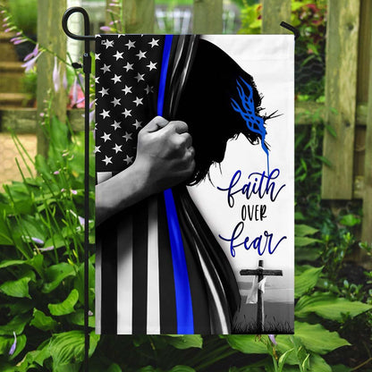 Christian Garden Flags, Faith Over Fear - Thin Blue Line Flag, Christian House Flags, Christian Cross Flag, Faith Flag