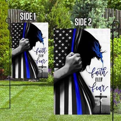Christian Garden Flags, Faith Over Fear - Thin Blue Line Flag, Christian House Flags, Christian Cross Flag, Faith Flag