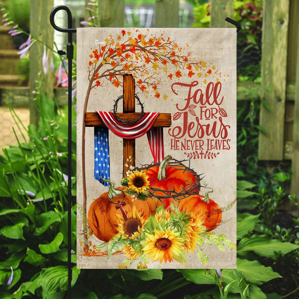 Christian Garden Flags, Fall For Jesus He Never Leaves Flag, Christian House Flags, Christian Cross Flag, Faith Flag